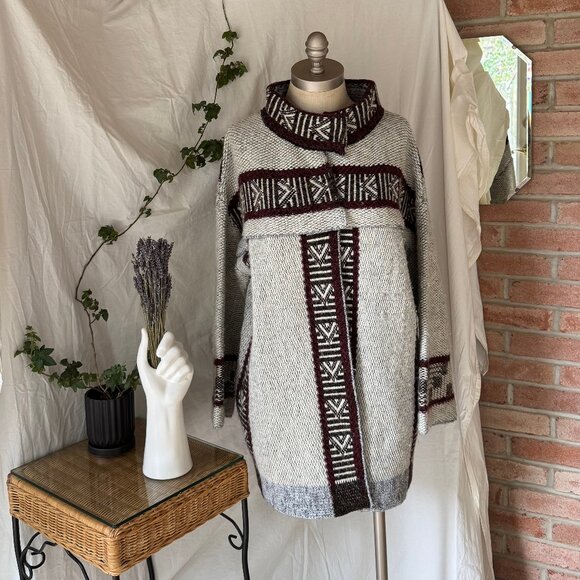 Zara Knit Aztec Icelandic Print Wool Blend Coat Sweater Jacket - Picture 2 of 13